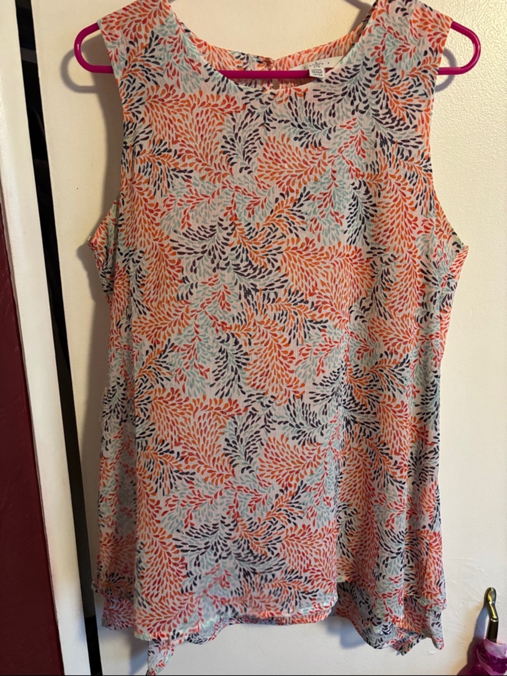 Fever Coral, Navy & Light Blue Leaf-Print Sleeveless Tank